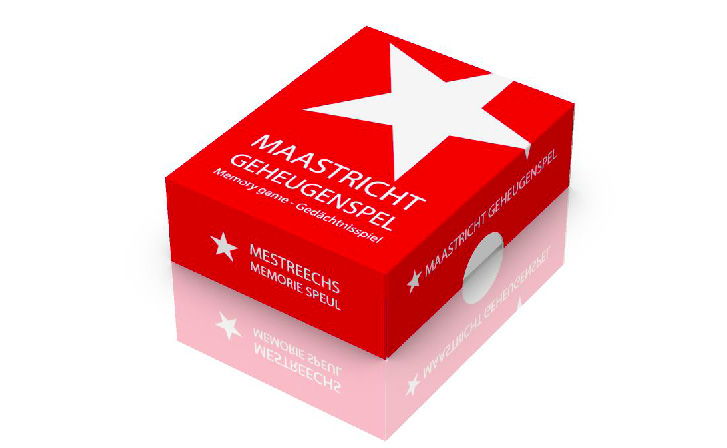 Het Maastricht geheugenspel, een memoryspel met 100 kaartjes en tijdloze foto's van Maastricht zit in een opvallend rood doosje.